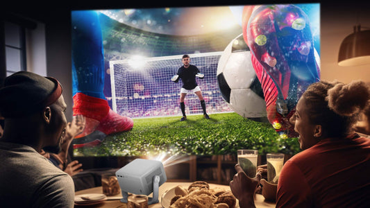 Group of friends enjoying immersive sports viewing on a Vision Beam projector, smart TV alternative for home entertainment